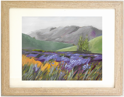 Framed painting of a mountain landscape with mountains, trees, and flowers. Titled "Lavender" by Tennessee artist Teri Stephens