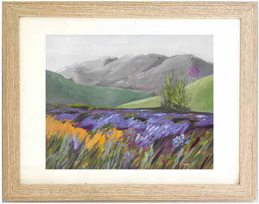Framed painting of a mountain landscape with mountains, trees, and flowers. Titled "Lavender" by Tennessee artist Teri Stephens