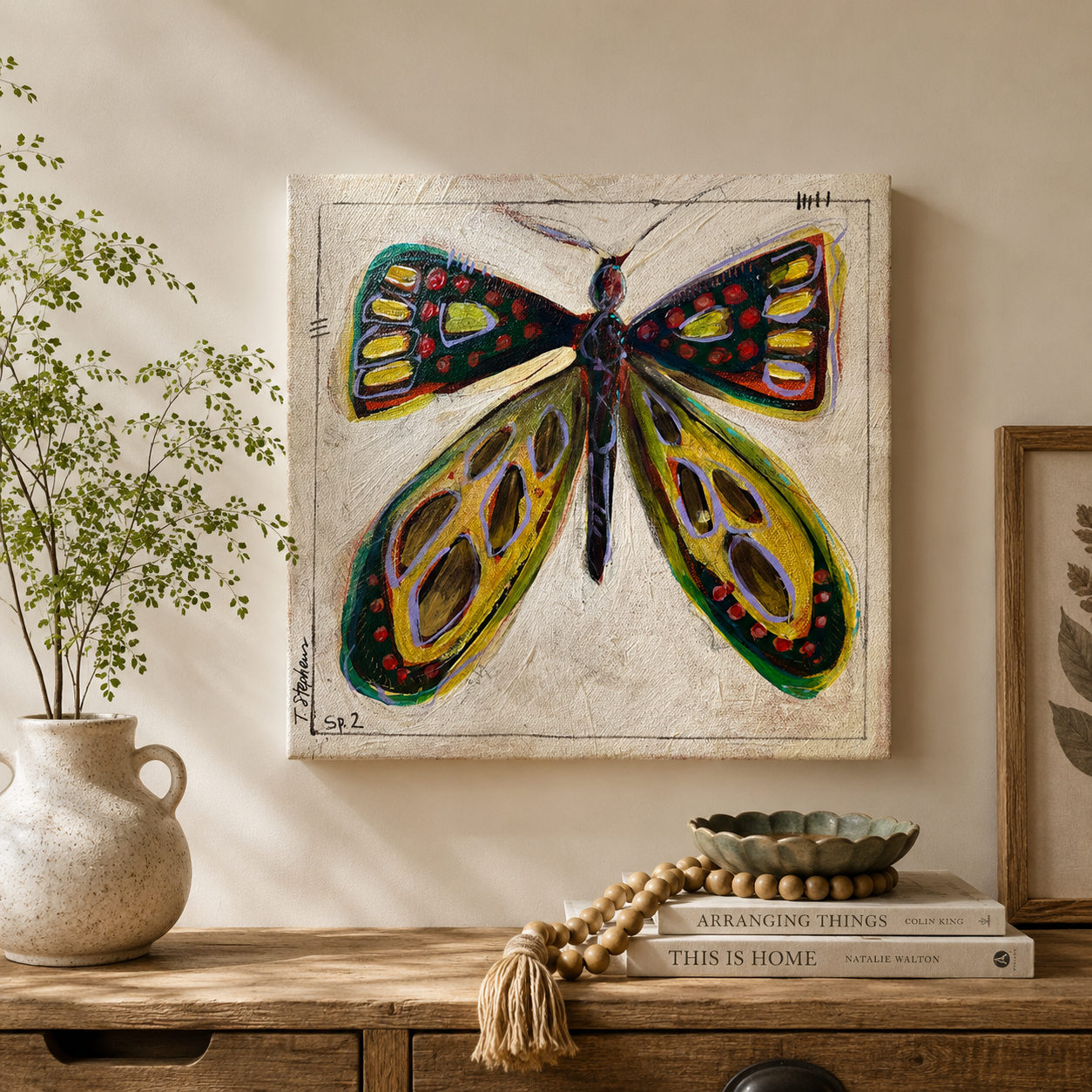 Lift - an original butterfly painting featuring rich colors, painted by Tennessee artist Teri Stephens, styled in a cozy interior