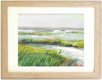 Framed coastal landscape painting with green and blue hues. Marsh by artist Teri Stephens