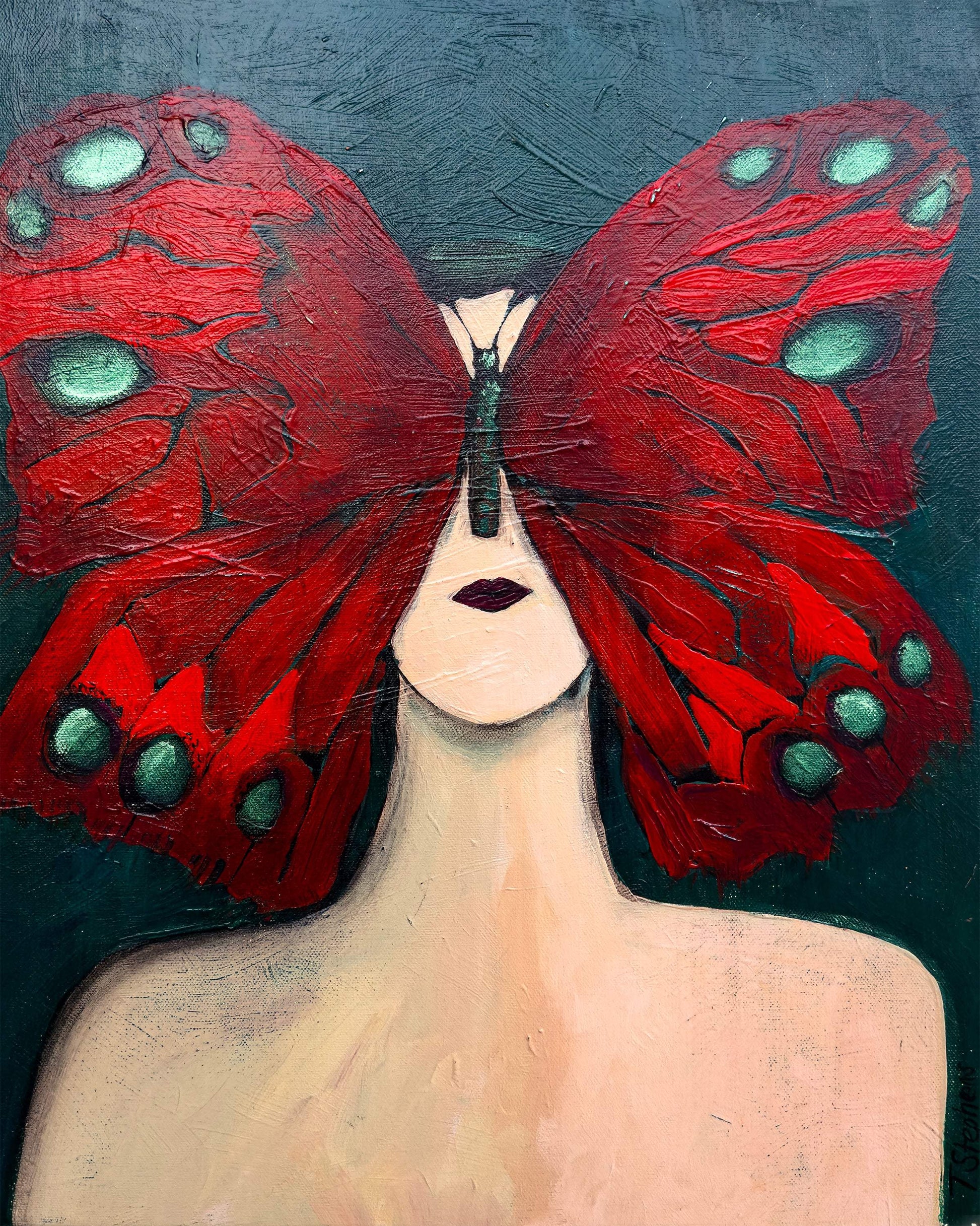 Artistic depiction of a person with red butterfly wings on a dark background. Original painting by Teri Stephens titled "Morph"