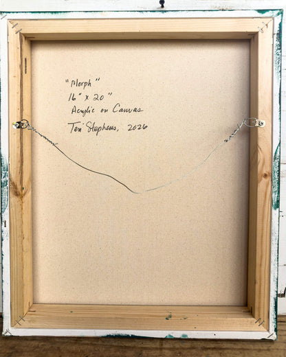 Back of a framed painting with artist's signature and details