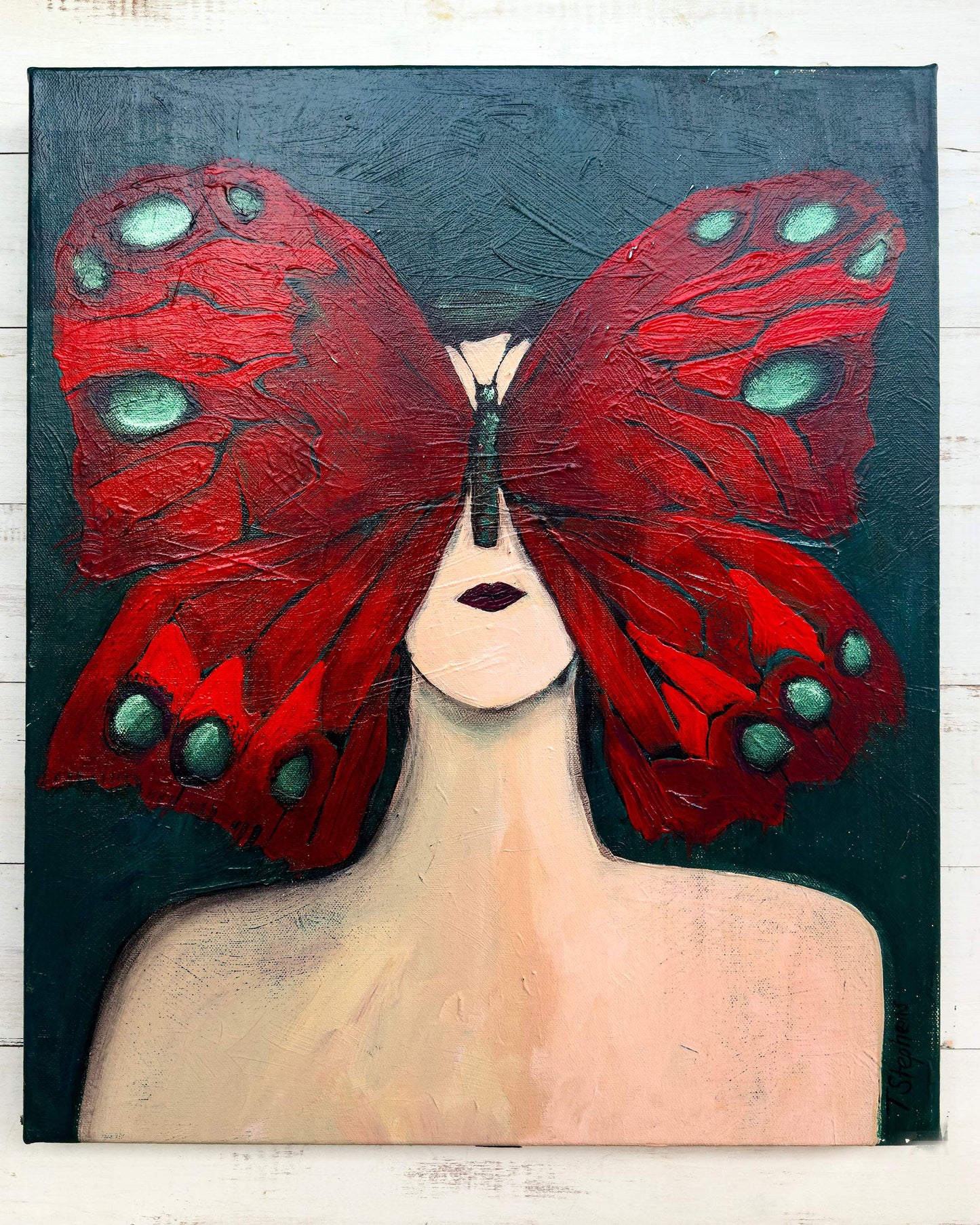 Artistic depiction of a person with a red butterfly on their face against a dark background. Painting titled 
Morph, by artist Teri Stephens