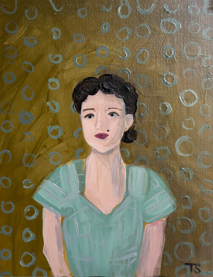 Painting of a woman in a green dress with a patterned background. Title: Nadine by artist Teri Stephens