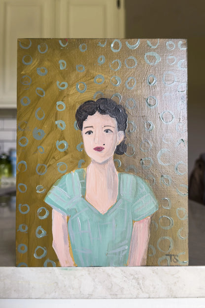 Painting of a woman with a textured gold background.  "Nadine" by artist Teri Stephens