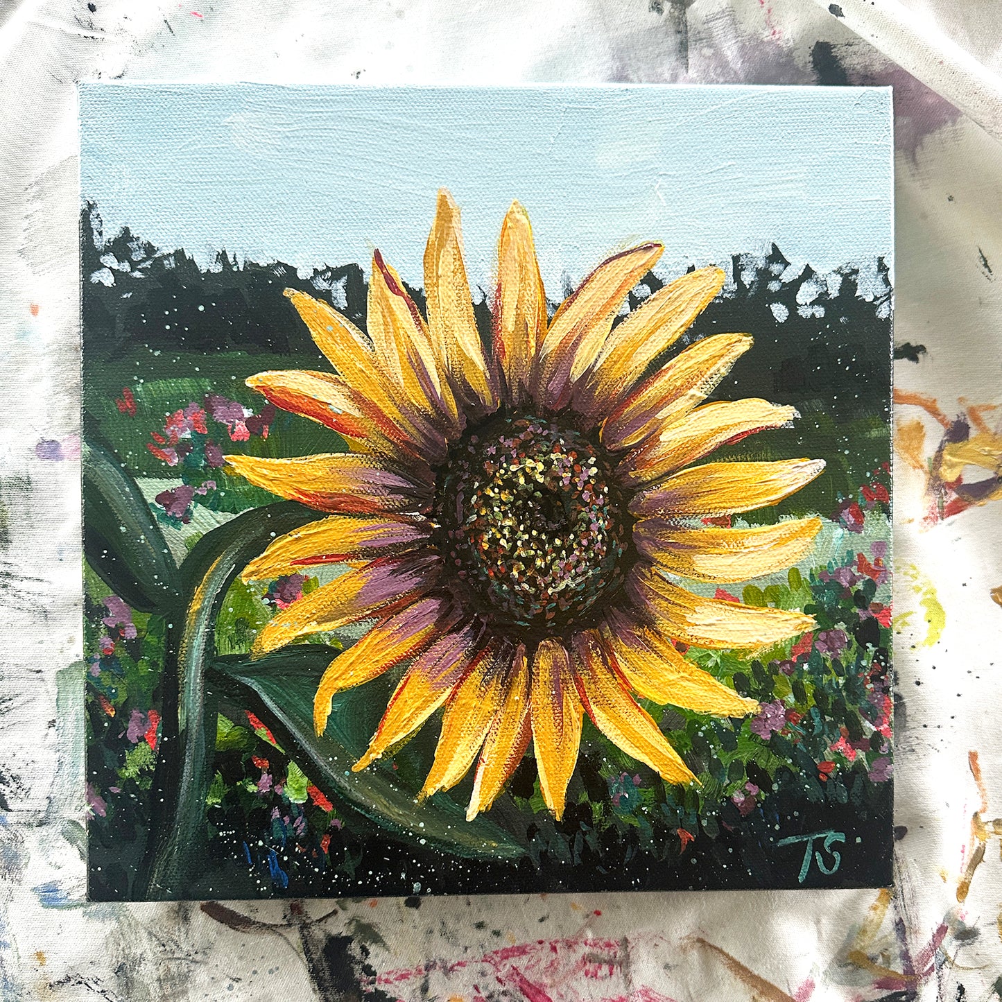 Painting of a sunflower with a textured background, title Ochre by artist Teri Stephens
