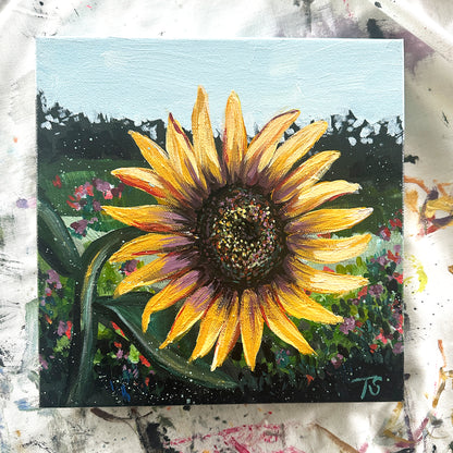 Painting of a sunflower with a textured background, title Ochre by artist Teri Stephens