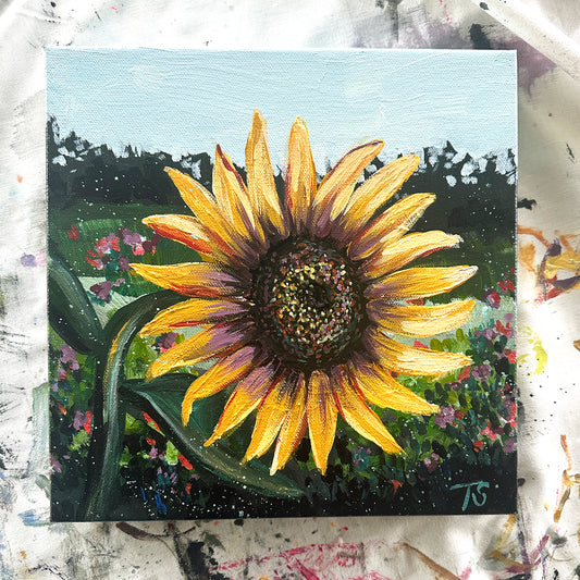 Painting of a sunflower with a textured background, title Ochre by artist Teri Stephens