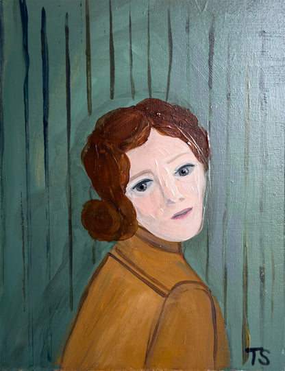 Painting of a person with brown hair and a brown outfit against a textured green background. Title: Olive by artist Teri Stephens