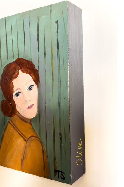 Painting of a woman with red hair and a brown dress on a wooden panel with 'Olive' and initials 'TS'.