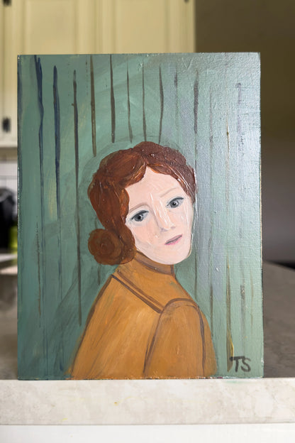 Painting of a woman with red hair and a green background, Olive by artist Teri Stephens