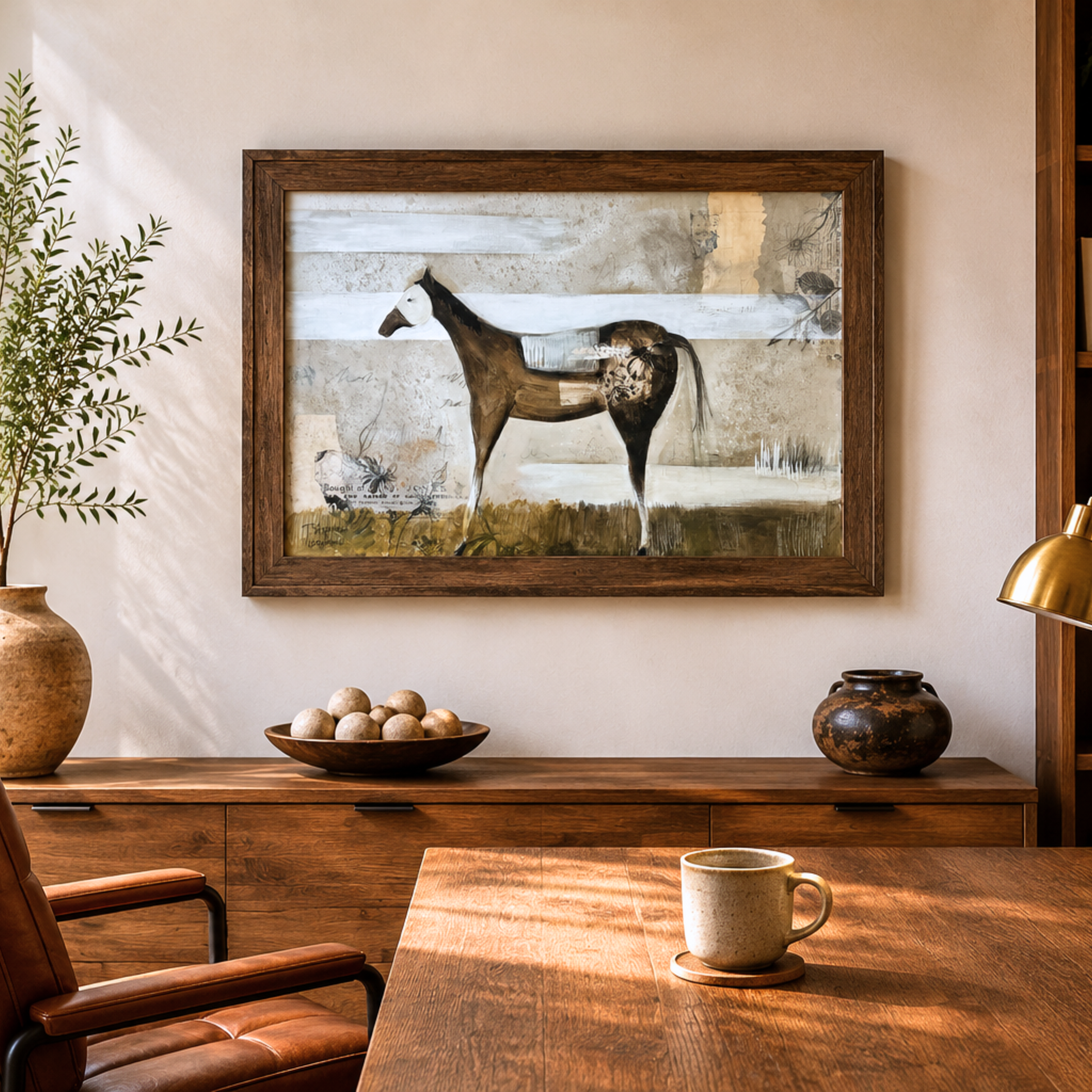 Framed artwork of a horse titled Once, by Tennessee artist Teri Stephens, mixed media, collage, acrylic on canvas featured in a styled interior setting