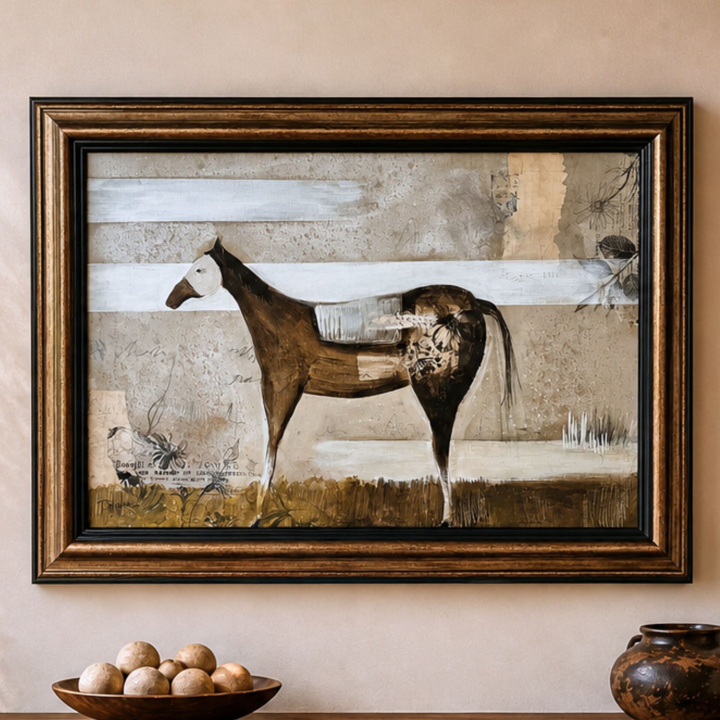 Framed artwork of a horse titled Once, by Tennessee artist Teri Stephens, mixed media, collage, acrylic on canvas