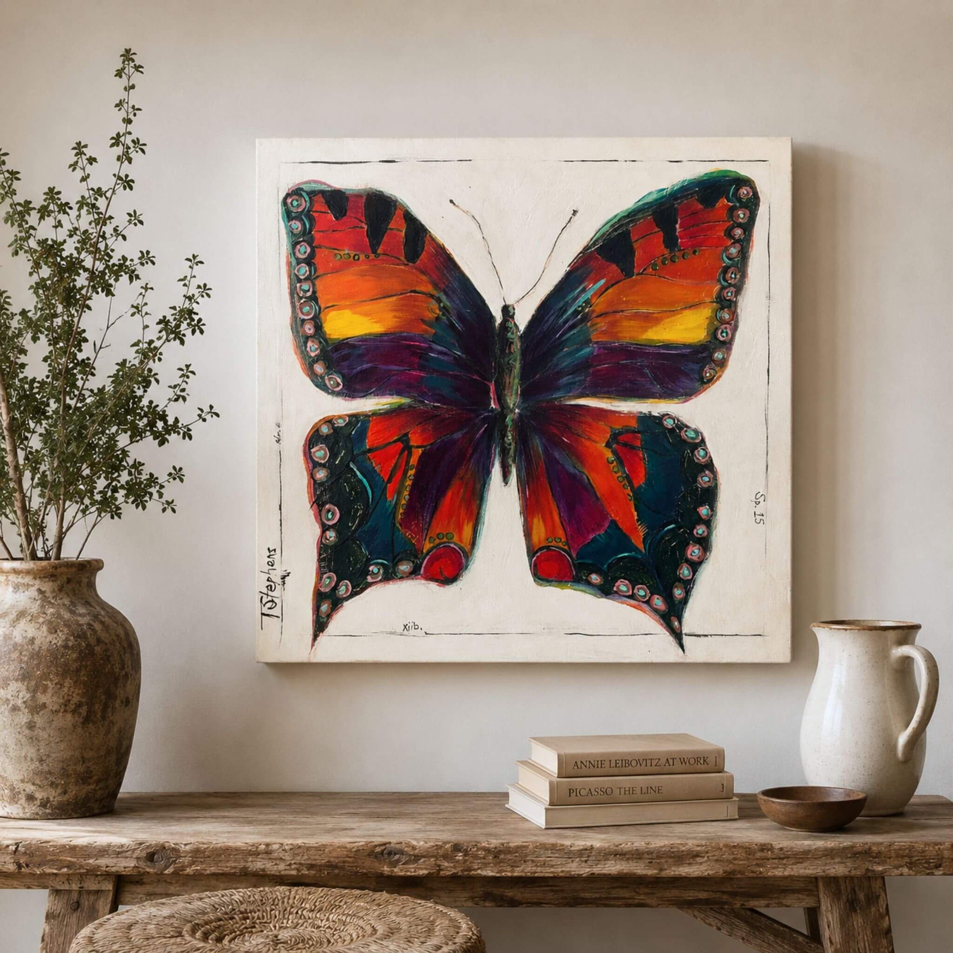 Papillon is an original butterfly painting in a boldly colored butterfly with wings of red, yellow, orange, and deep blue. By artist Teri Stephens