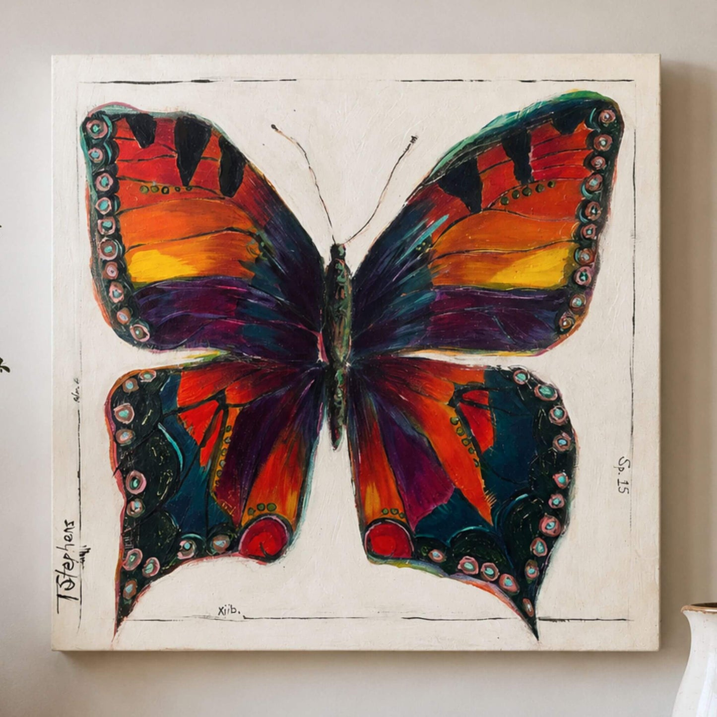 Papillon - original butterfly painting by artist Teri Stephens. Features a large butterfly painted in colorful tones of red, orange, yellow, purple, and deep blue.