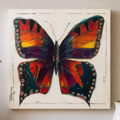 Papillon - original butterfly painting by artist Teri Stephens. Features a large butterfly painted in colorful tones of red, orange, yellow, purple, and deep blue.