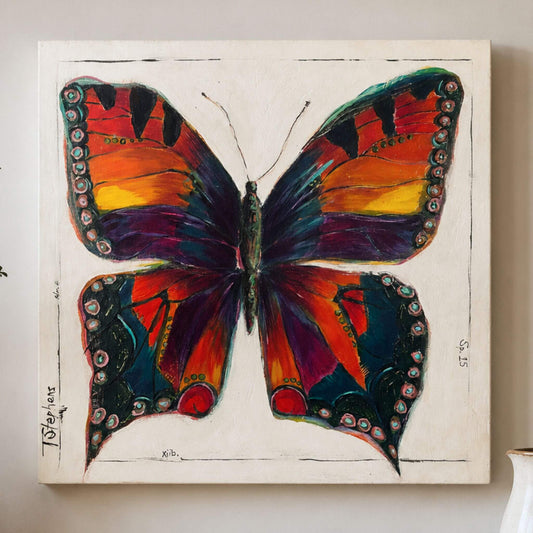 Papillon - original butterfly painting by artist Teri Stephens. Features a large butterfly painted in colorful tones of red, orange, yellow, purple, and deep blue.