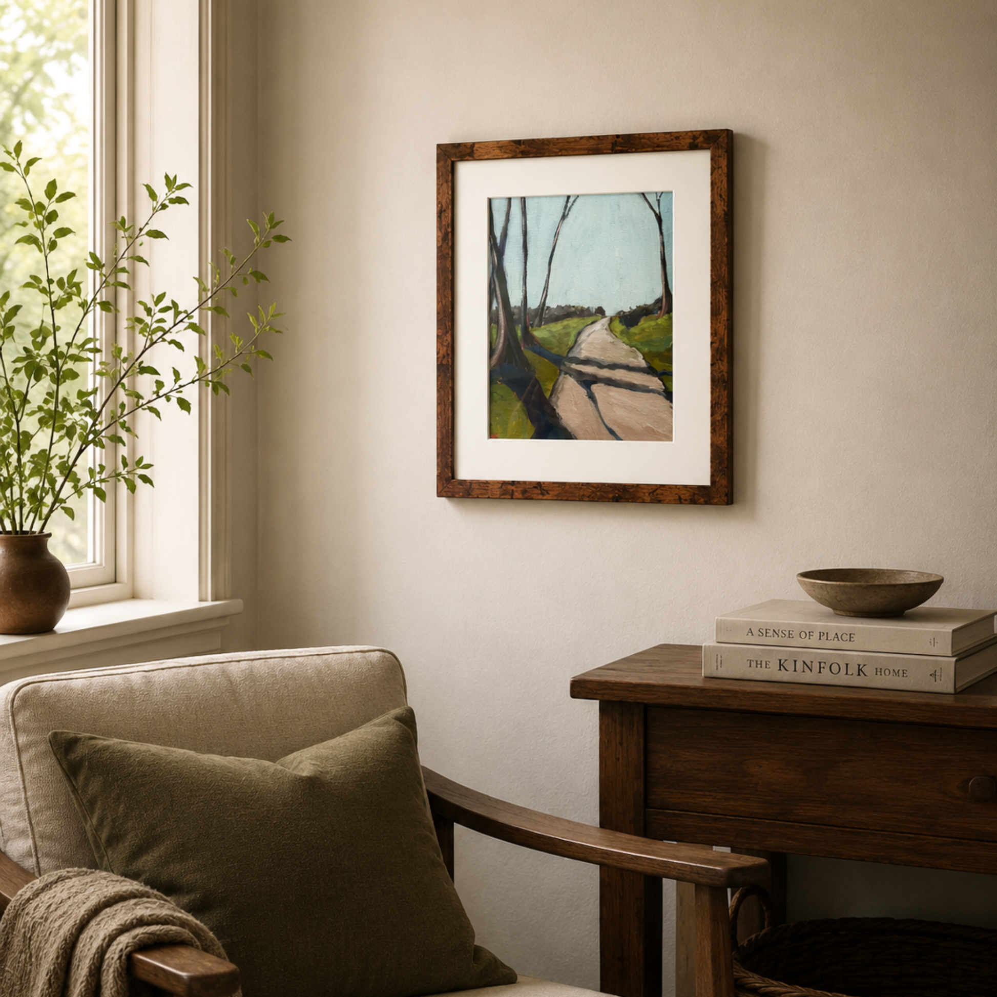 Passing - original landscape artwork by Tennessee Artist Teri Stephens, shown styled in a cozy interior