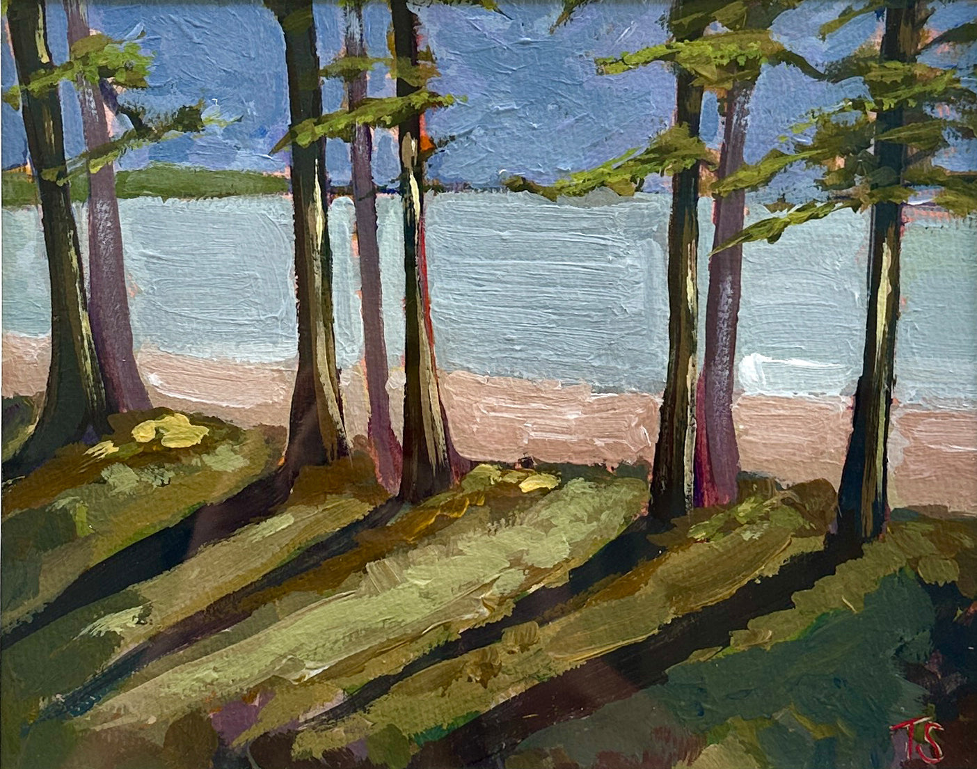 Pines - original landscape artwork by Tennessee artist Teri Stephens, depicting a lake shore scene in Big Sandy, Tennessee
