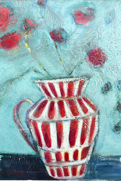 Original contemporary acrylic painting of a striped ceramic pitcher with delicate red flowers, layered texture, and expressive brushwork in a modern folk art style by Tennessee artist Teri Stephens.