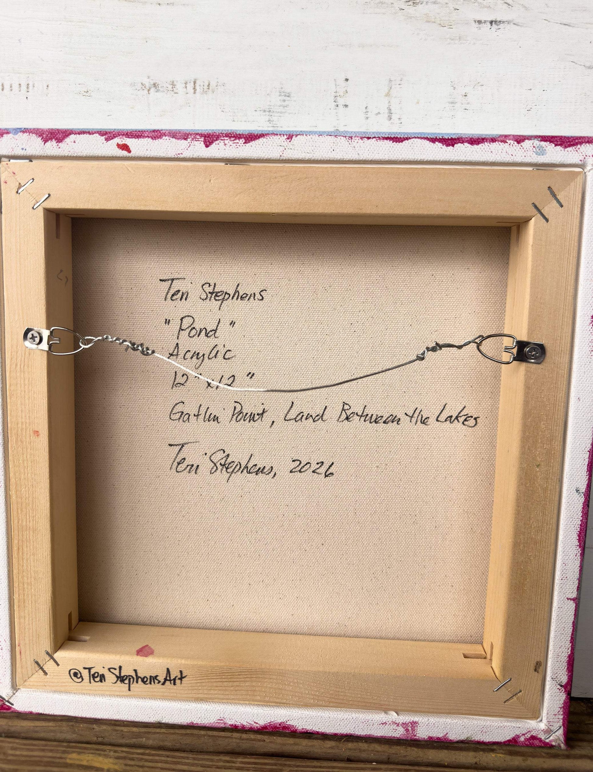 Artistic signature on a wooden frame with text, original painting titled "Pond" by Teri Stephens