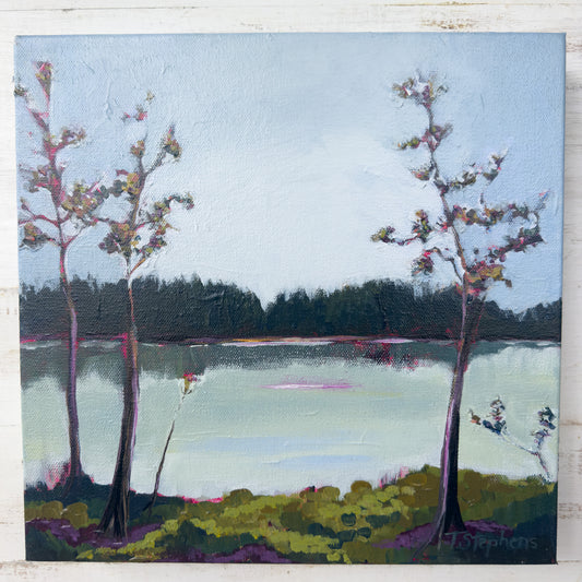 Painting of trees by a lake with a blue sky. original painting titled "Pond" by Teri Stephens