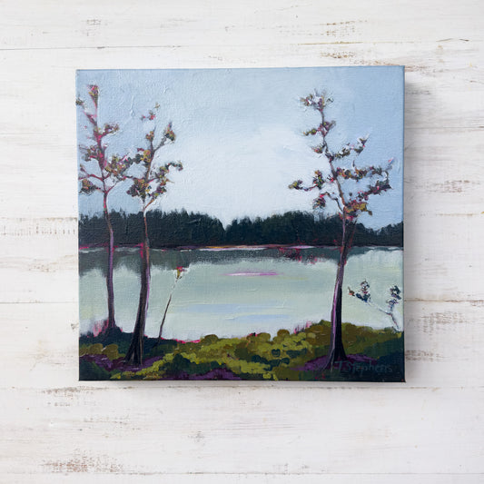 Painting of a landscape with trees and a pond on a textured canvas, original painting titled "Pond" by Teri Stephens