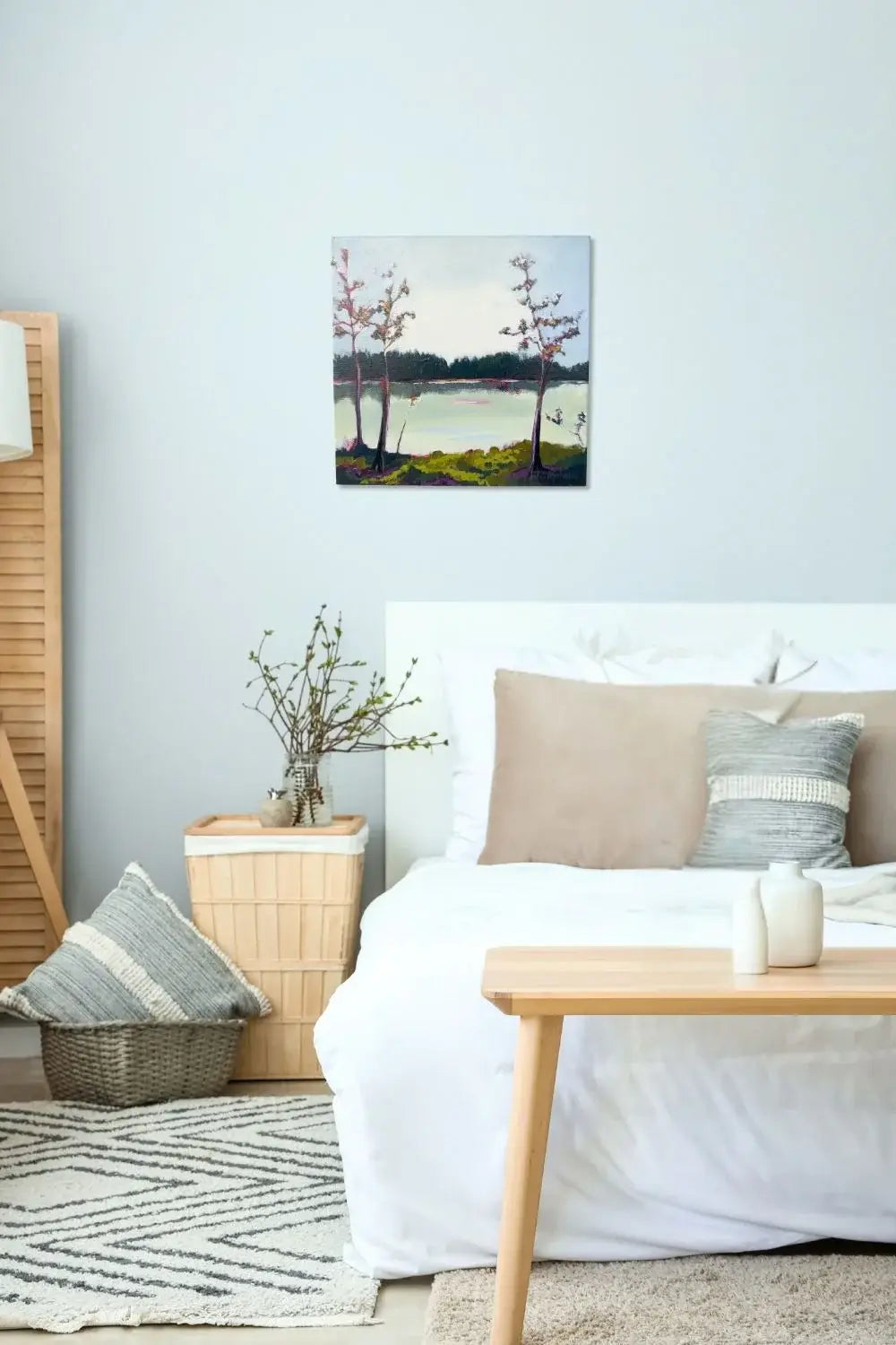Interior room mockup with a painting on the wall, original painting titled 'Pond' by Teri Stephens"