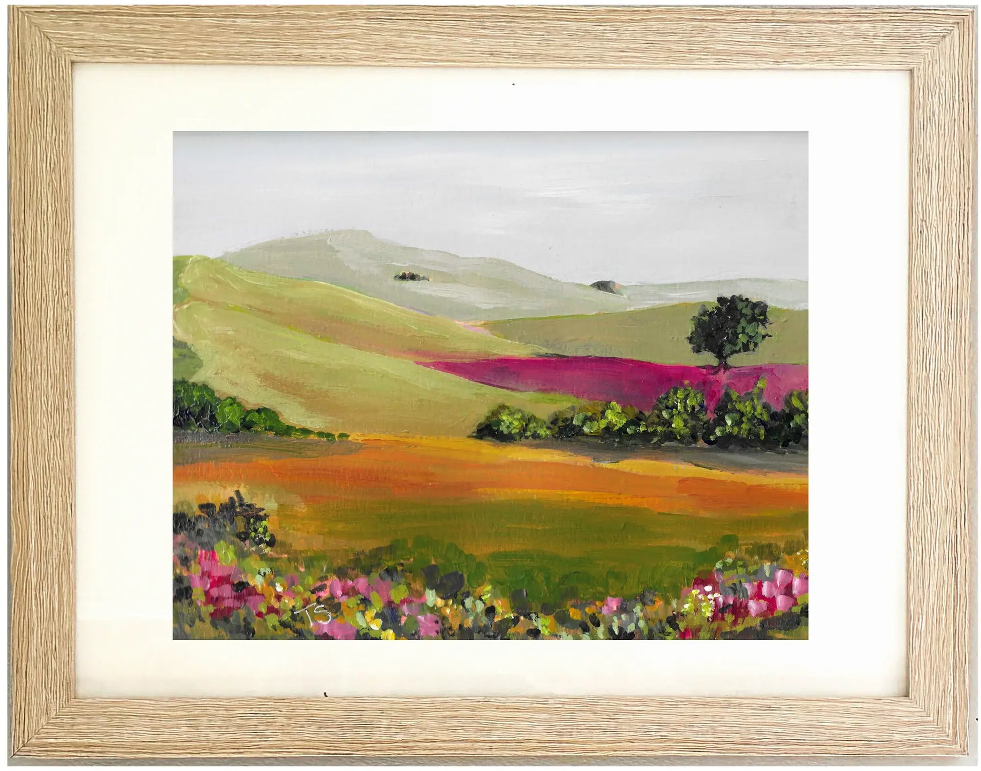 Framed painting of a colorful landscape with rolling hills and fields. Title is Range by Teri Stephens