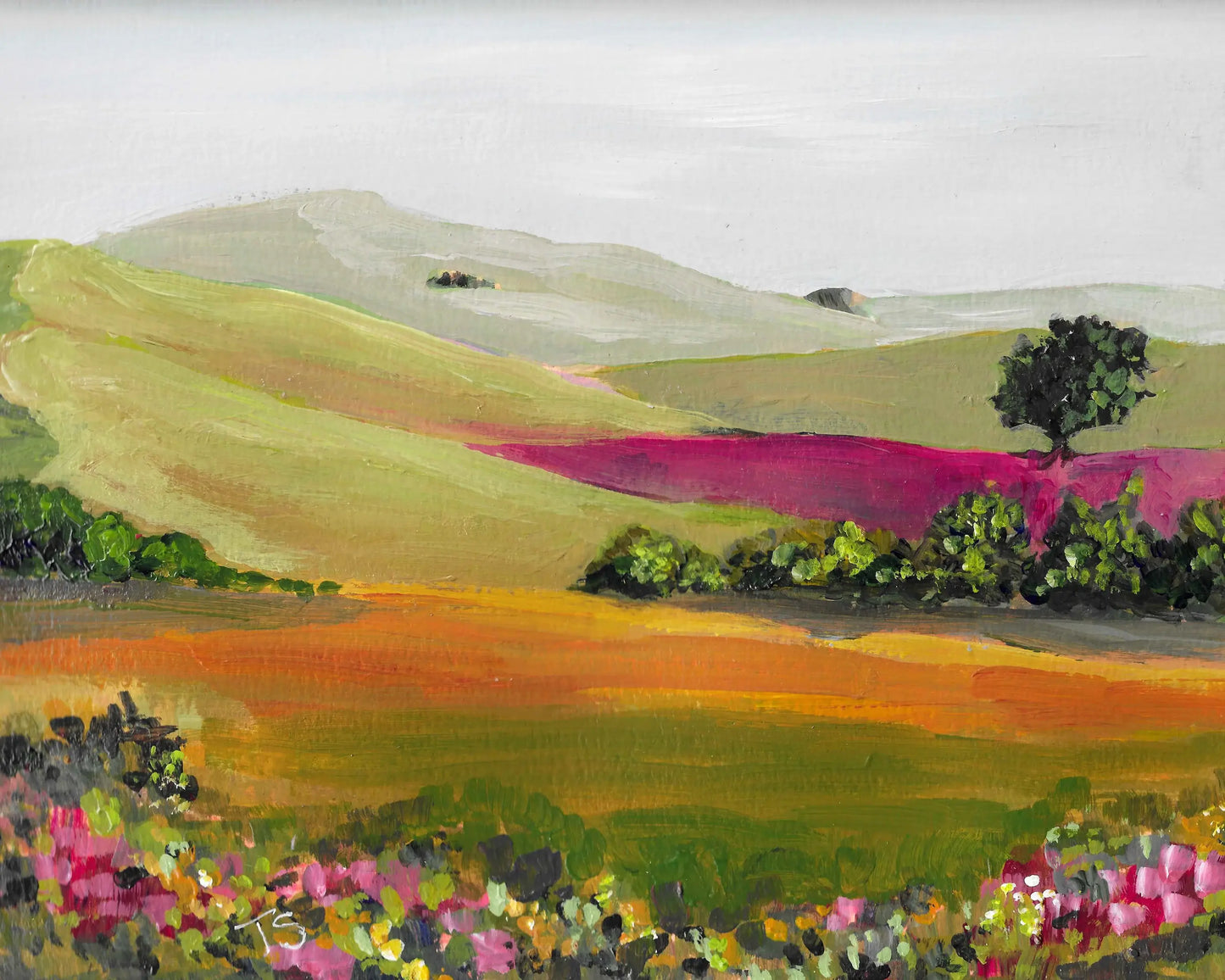 Painting of a landscape with rolling hills, fields, and trees. Titled Range by Teri Stephens