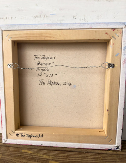 Back of a framed painting with artist's signature and details,  original painting titled "Reservoir" by Teri Stephens
