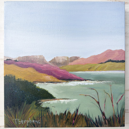 Painting of a landscape with mountains, water, and grass, original painting titled "Reservoir" by Teri Stephens
