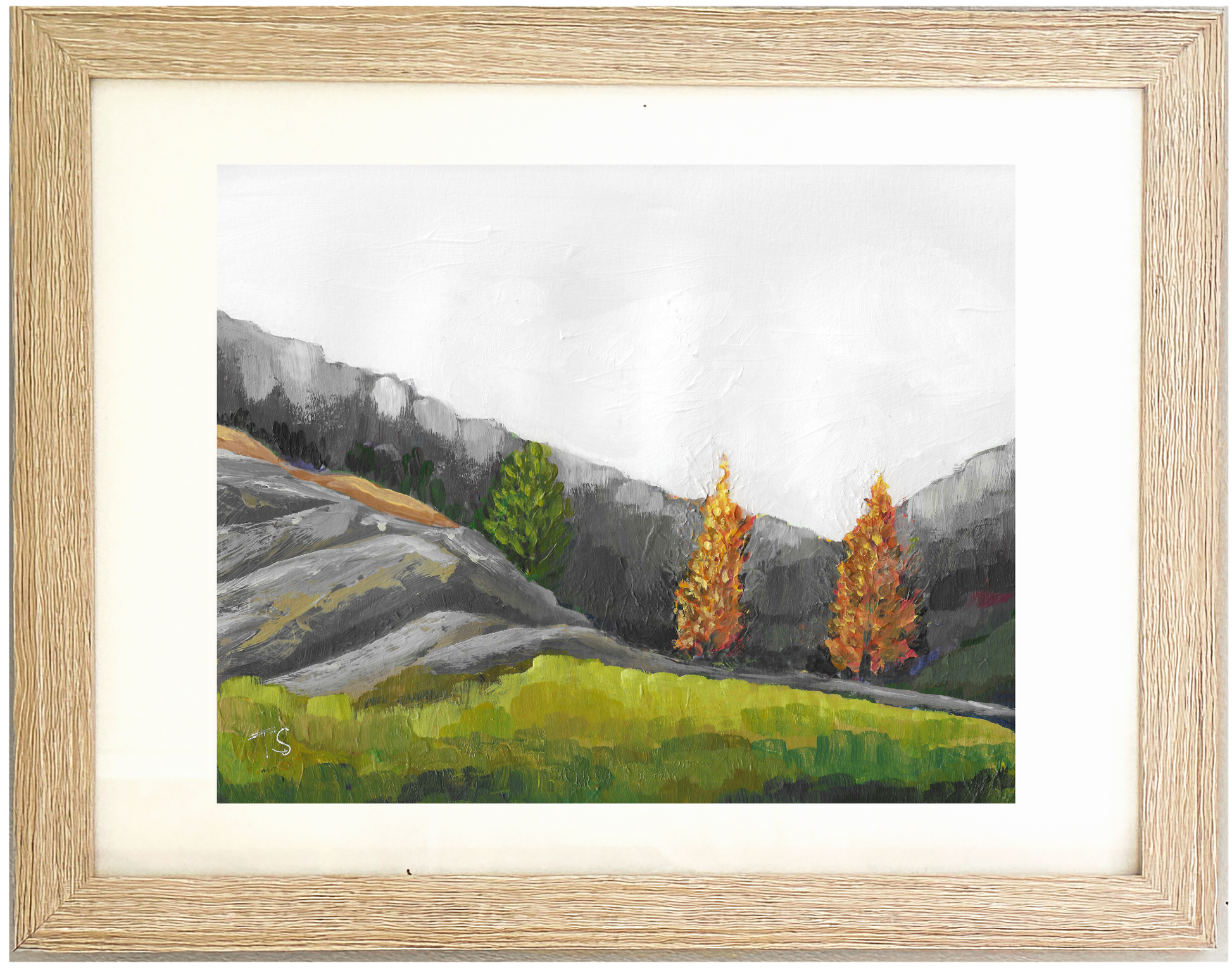 Framed painting of a mountain landscape with trees and grass. Ridge by artist Teri Stephens