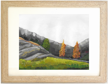 Framed painting of a mountain landscape with trees and grass. Ridge by artist Teri Stephens