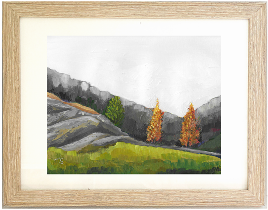 Framed painting of a mountain landscape with trees and grass. Ridge by artist Teri Stephens