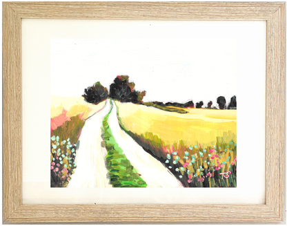 Framed painting of a landscape with a path and trees, Road by Tennessee artist Teri Stephens