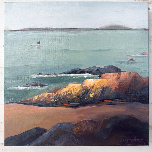 Painting of a coastal scene with rocks, water. Original artwork titled "Rock" by Teri Stephens.