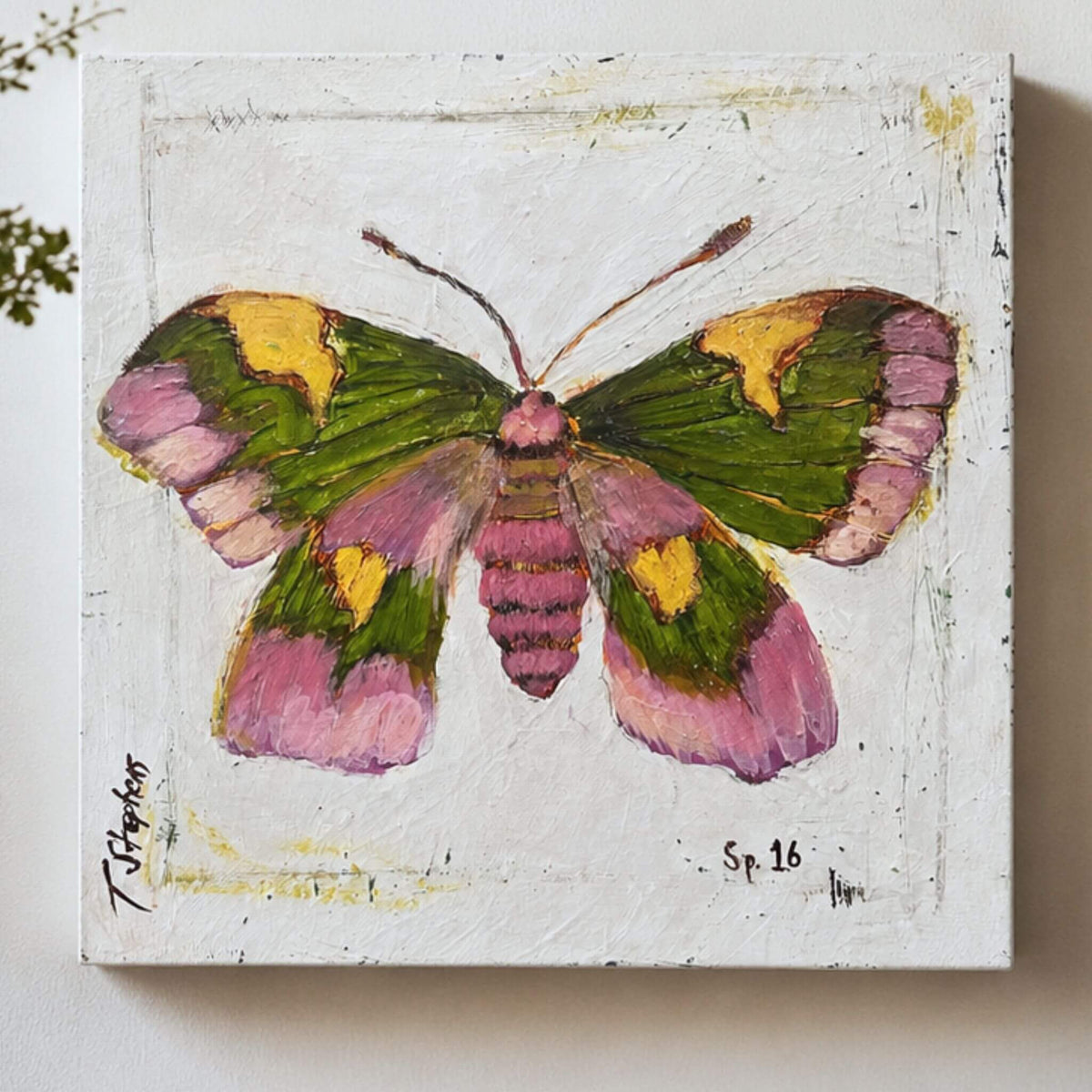 Rosy - Original Butterfly Painting by artist Teri Stephens, depicting a Rosy Maple Moth in muted tones of pink, green, and yellow.