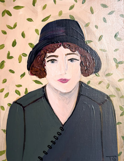"Rue" by artist Teri Stephens. Features a woman in vintage dress in front of a patterned background. Part of the Whimsical Portrait painting series.