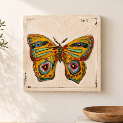 original moth painting on canvas featuring a golden winged moth with circles and pops of patterned color