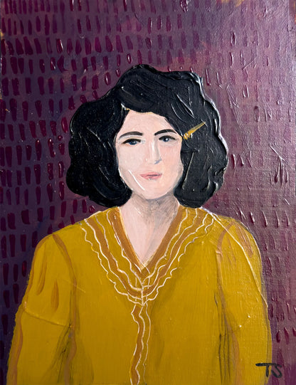 Painting of a woman with black hair and a yellow dress against a textured purple background  (Shelby by artist Teri Stephens)