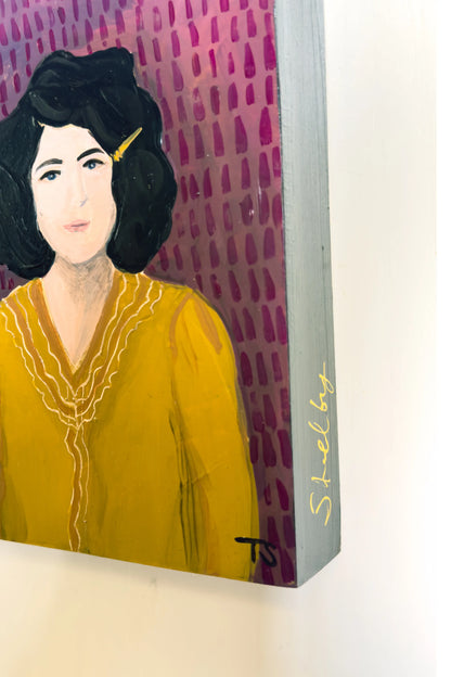 side view of Artistic depiction of a person wearing a yellow garment with a purple abstract background (Shelby by Teri Stephens)