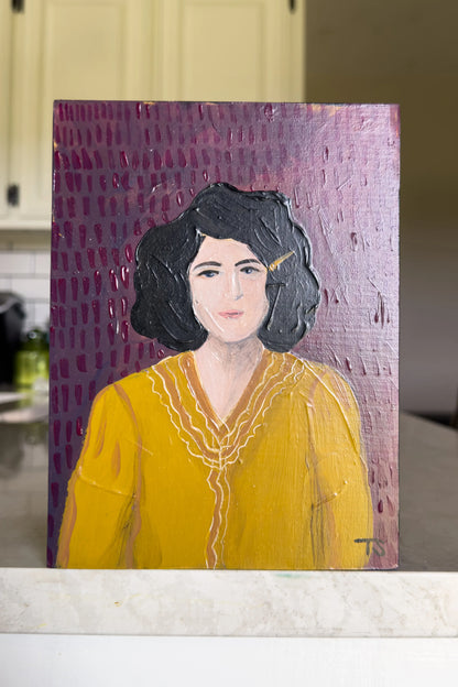 Painting of a woman in a yellow dress on a textured purple background, title "Shelby" by Teri Stephens