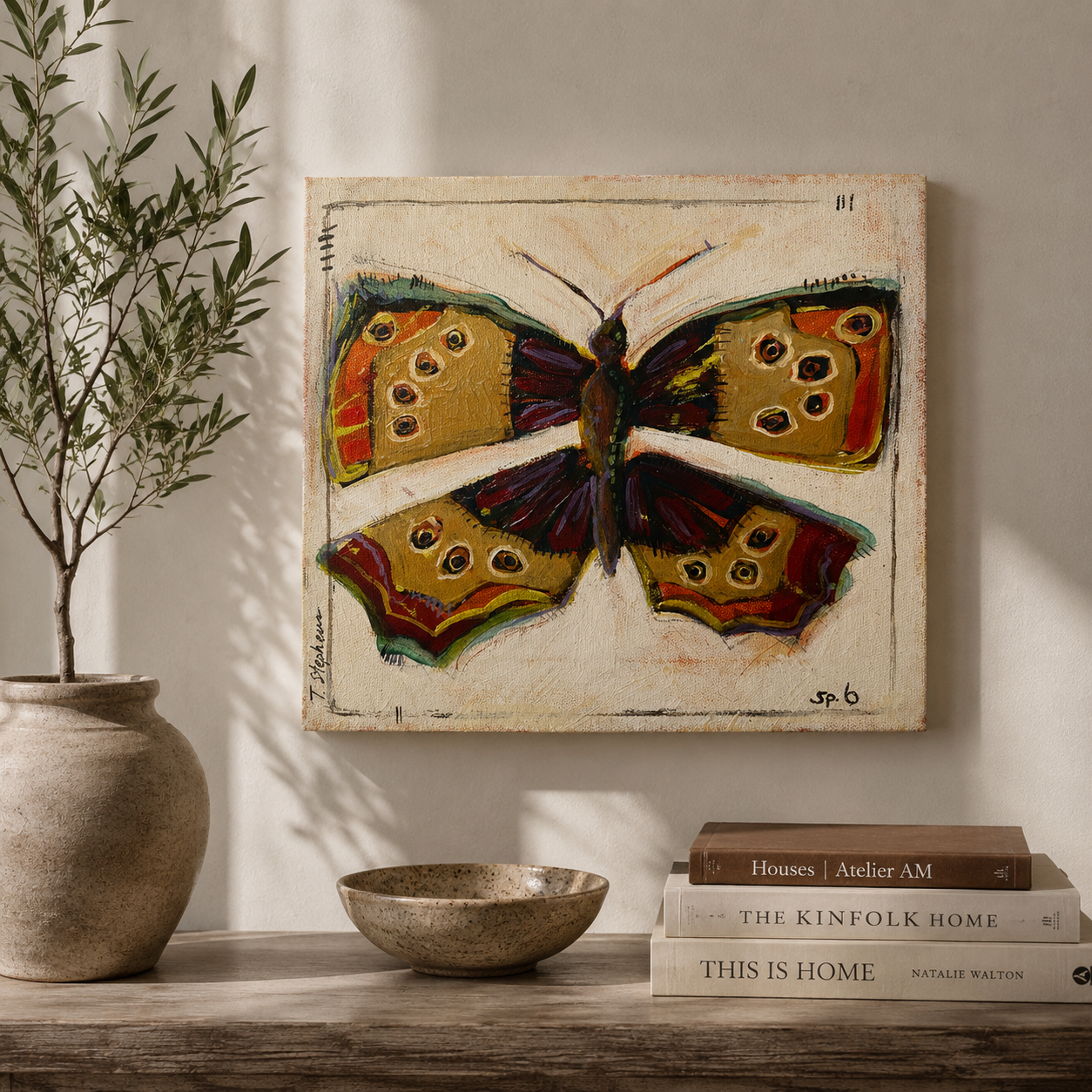 Shift - an original butterfly painting featuring rich colors, painted by Tennessee artist Teri Stephens, styled in a cozy interior