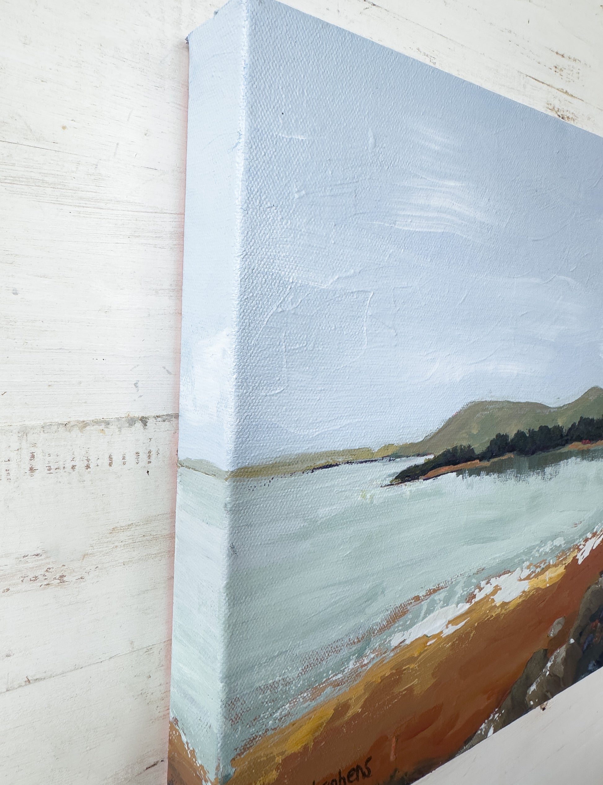 Canvas painting of a landscape with a blue sky, green trees, and brown earth. Angled view of "Shore" by Teri Stephens