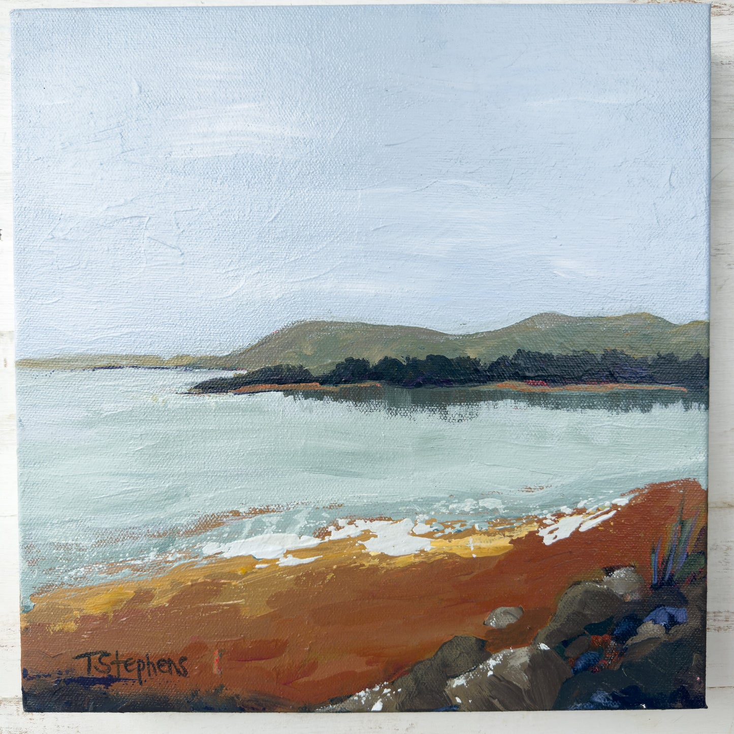 Painting of a coastal scene with water, sky, and land, titled "Shore" by Teri Stephens