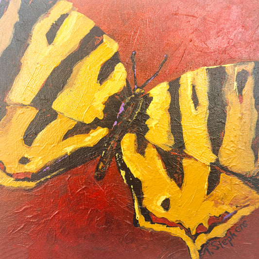 Painting of a butterfly with yellow and black wings on a red background, original artwork titled "Signal" by Teri Stephens