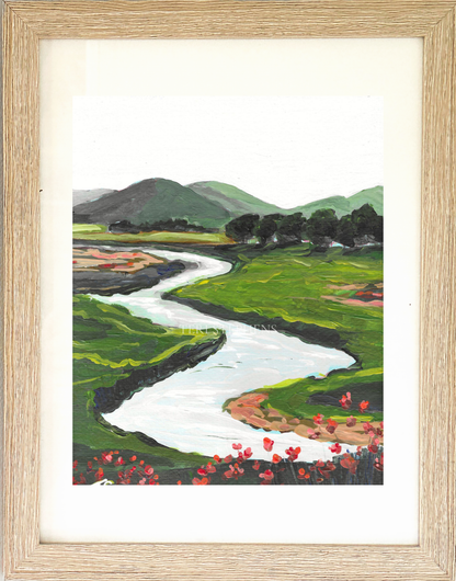 Framed painting of a landscape with a river, green hills, and trees. "Stream" by Tennessee artist Teri Stephens