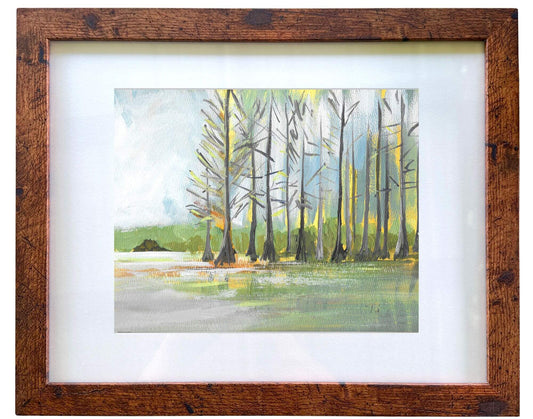 A framed landscape painting featuring a row of tall, slender trees in a field, with a white mat and a rustic dark brown wooden frame.  Original landscape painting by Tennessee artist Teri Stephens.