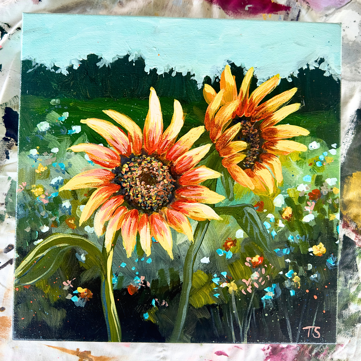 Sunflower painting by artist Teri Stephens, featuring a classic pair of golden sunflowers facing the sun. Acrylic artwork on gallery wrapped canvas.